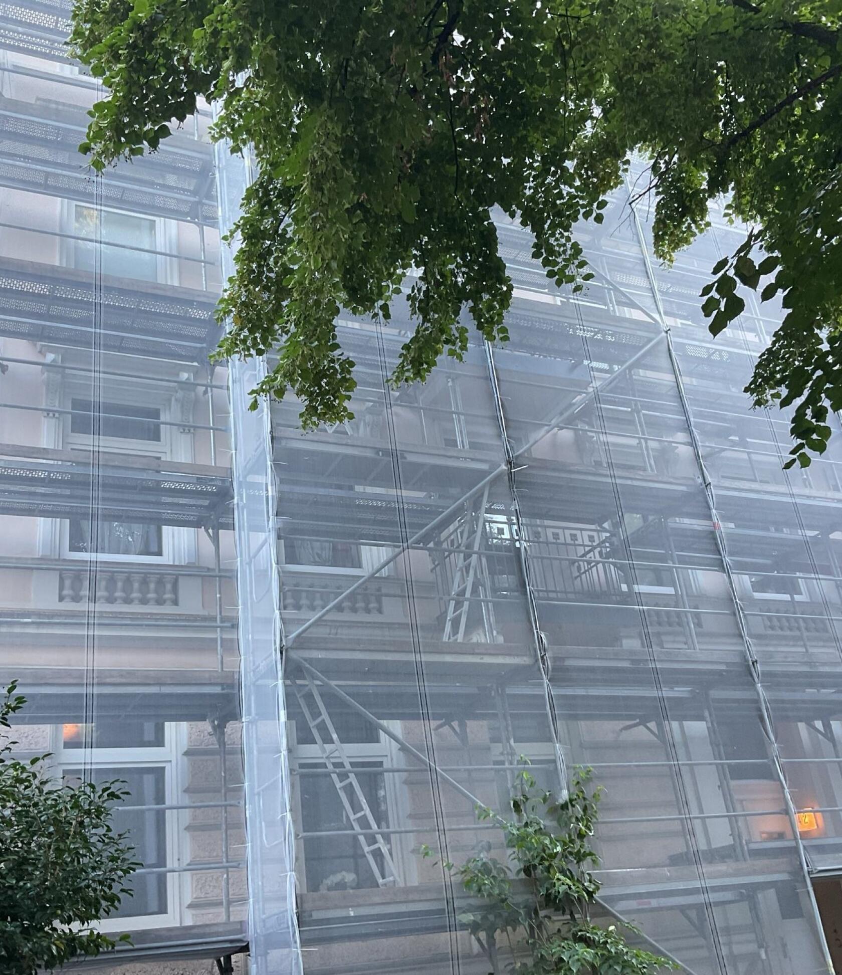 Mehrstöckiges Wohngebäude, von Metallgerüst und halbtransparentem Schutznetz umgeben; Fenster, Balkone und Leitern durch das Netz sichtbar, große grüne Baumäste ragen vom oberen Bildrand hinein.