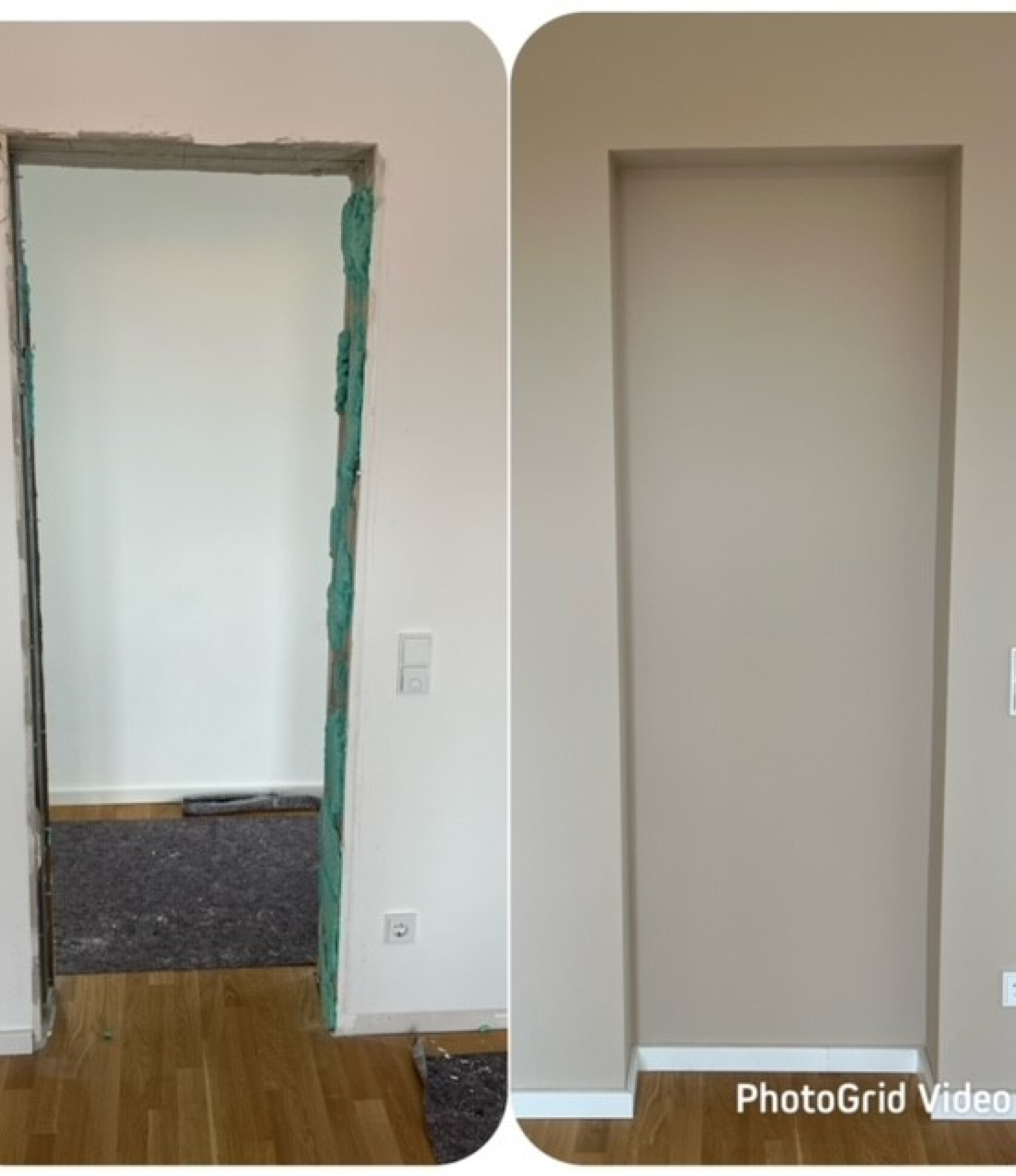 Zweigeteilte Szene: links rohe Türöffnung mit grüner Dämmmasse an den Kanten, rechts zugemauerte glatte Wandnische; Innenraum mit hellem Parkettboden, Sockelleisten, unten rechts PhotoGrid Video