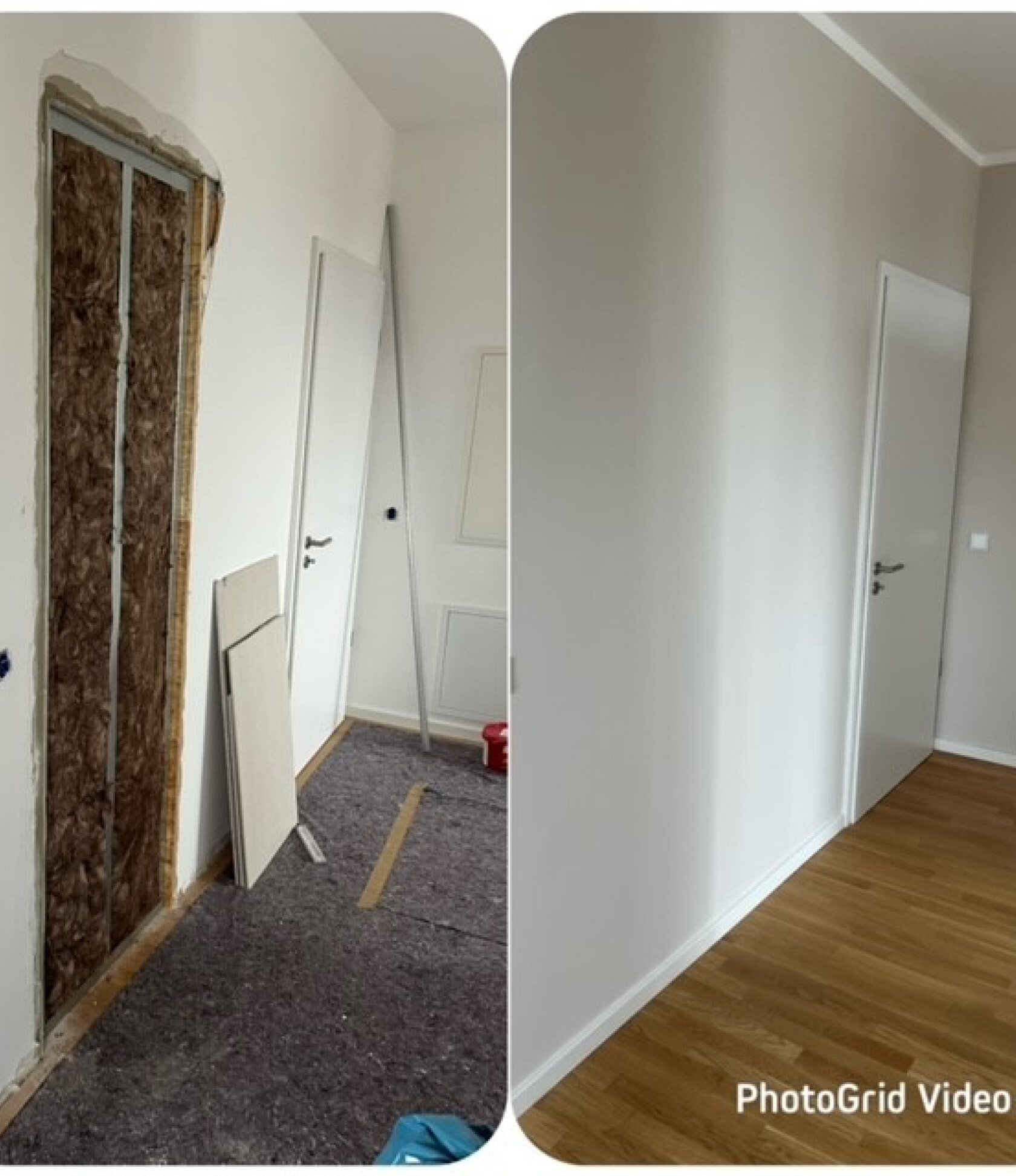 Zweiteiliges Vergleichsbild: links freigelegte Wandöffnung zeigt sichtbare Dämmung, Metallständer und abgelegte Gipsplatten; rechts fertig verputzte weiße Wand zeigt geschlossene Tür und Parkettboden. PhotoGrid Video