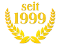 Gelb-goldener, zweigiger Lorbeerkranz mit schmalen Blättern umgibt mittig die schwarze Textzeile 'seit 1999', darüber drei kleine Sterne; weißer Hintergrund, flache Vektor-Illustration.